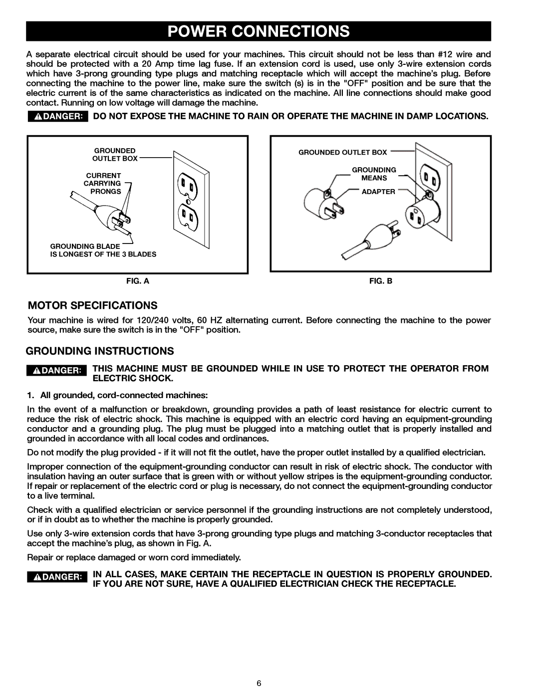 Delta 23-199 Power Connections, Motor Specifications, Grounding Instructions, All grounded, cord-connected machines 